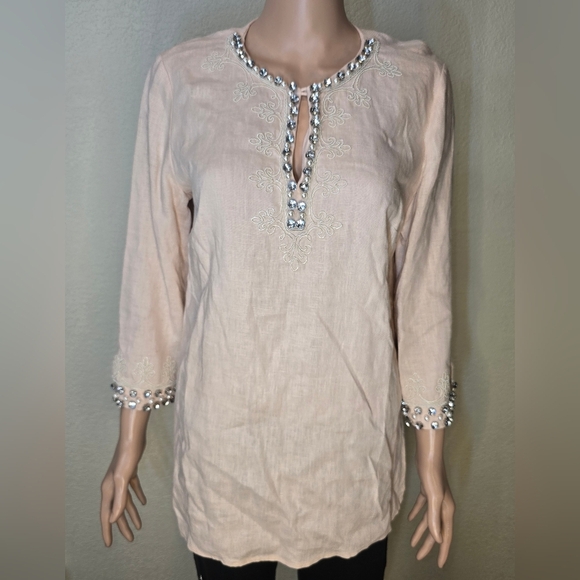 Brooks Brothers pink Linen embellished, pearls rhinestones tunic 8 woman top - Picture 5 of 13